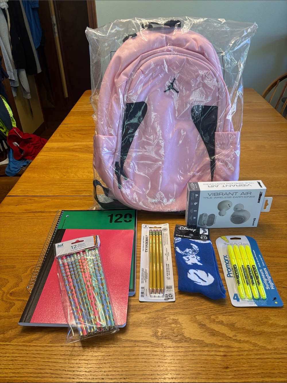 Jordan Pink Backpack with Black Logo Accents with school supplies - Picture 4 of 5